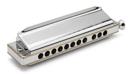 showing silver chromatic harmonica with gold trim and slide text on white background....
