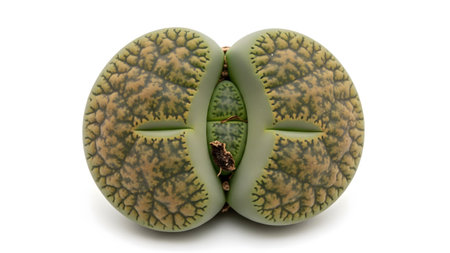 Split showing split lithops plant showing textured inner surfaces and green outer leaves on...