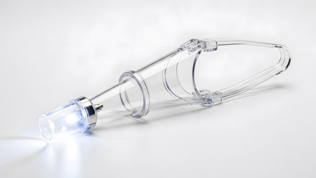 Accent showing transparent medical speculum with illuminated tip and metal accent on white.