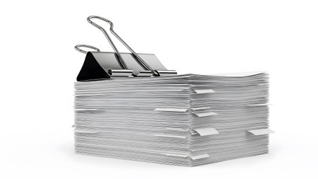 A thick stack of white paper sheets with multiple index tabs held together by a silver binder clip.