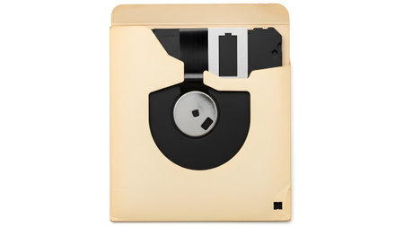 Vintage showing vintage 3.5 inch floppy disk in a light brown paper protective sleeve with white...