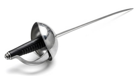 A silver engraved basket hilt rapier sword with a black ribbed grip is shown on a white background.