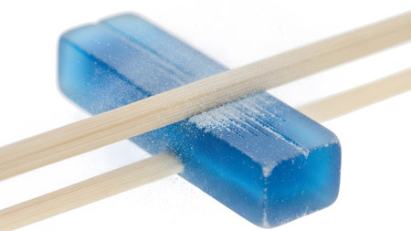 Light brown bamboo chopsticks are positioned on a translucent blue resin block dusted with fine...