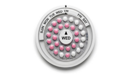 A white circular dispenser holds pink and white pills, with days of the week marked around the edge.