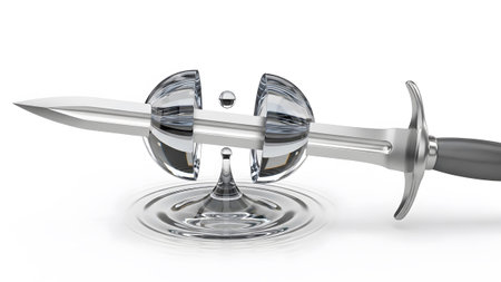 showing silver dagger piercing a transparent sphere with water splash on white background....
