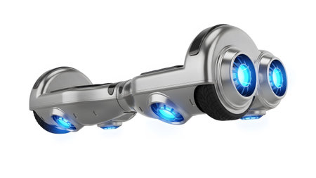 showing silver hoverboard with blue led lights and dual rear thrusters. resolution...