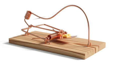 Bent showing wooden mousetrap with cheese bait and a bent metal arm on a white background.