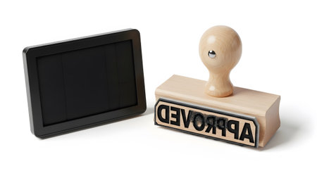 showing wooden rubber stamp with approved and a black ink pad with a textured surface....