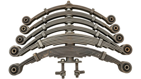 Multiple weathered steel leaf springs are stacked in an arc shape with metal bushings and bolts...