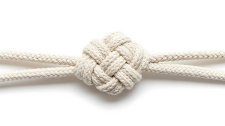 Tied showing square fist knot tied with thick white cotton rope centered on white...