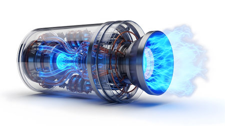 A transparent cylindrical engine showcases a glowing blue core and emits a bright blue exhaust...