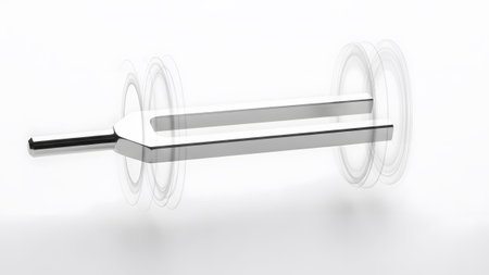 Fork showing vibrating silver tuning fork with concentric sound waves emanating from its tines....