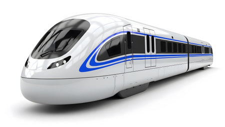 High-speed showing white and blue high-speed bullet train with sleek aerodynamic on a white...