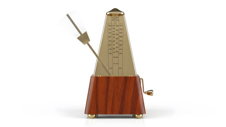 Moving showing wooden metronome with moving brass pendulum indicating tempo on white background....