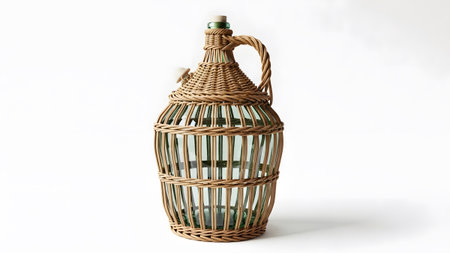 Glass showing wicker covered green glass demijohn bottle with stopper and handle on white.