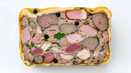 Terrine showing slice of terrine with pork meat liver and black peppercorns on white background....