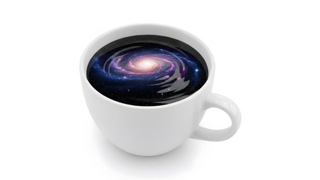 showing white coffee cup holding a swirling galaxy with dark liquid and stars on white....