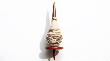 A wooden spinning wheel spindle with natural fiber yarn wound around it, set against a white...