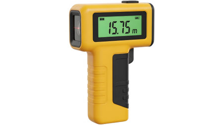 showing yellow and black laser distance measuring device with red laser beam and lcd.