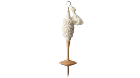 Wooden showing wooden spinning tool with white wool yarn wound around the spindle.