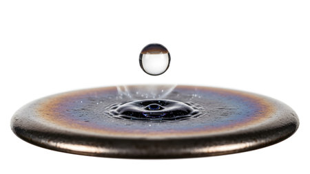 Onto showing water droplet falling onto a colorful oil slick on a metal disc with white...
