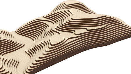 A wooden model of a topographic map layered contour lines creating a sense of undulating terrain...