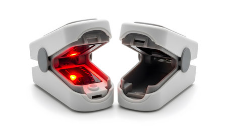 Two white and gray fingertip pulse oximeters are positioned side by side with their lids open,...