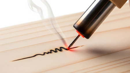 Tool showing wood burning tool tip creating a wavy line with smoke and glowing heat on light...