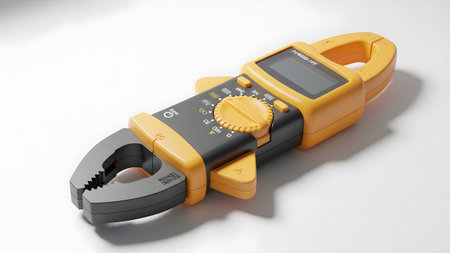 Stock showing yellow and black clamp meter with closed jaws and digital screen. resolution...