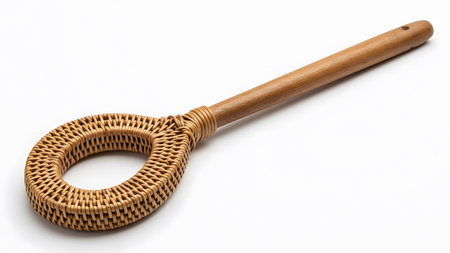 With showing woven rattan loop with wooden handle isolated on white background for cleaning or...