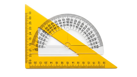 A yellow triangle ruler and a clear protractor with detailed degree markings are presented on white.