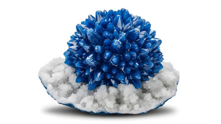A vibrant blue crystal cluster sits atop a white quartz geode base, showcasing sharp, pointed...