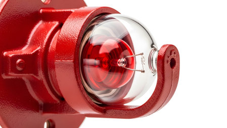 showing red industrial alarm light with glass dome and internal bulb on white background....