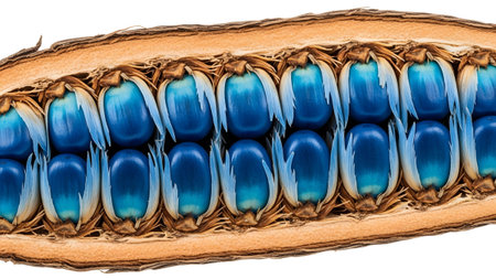 (664) showing macro view of a palm fruit pod filled with rows of blue seeds and white fibers....