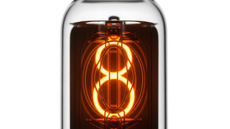 showing nixie tube displaying the number 8 with orange glow on white background.