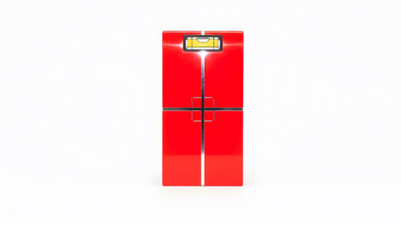 Stock showing red surveying target with bubble level tool on white background. resolution...