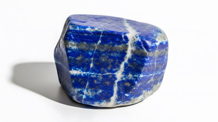 Veins showing polished blue lapis lazuli stone with white calcite veins on white background....