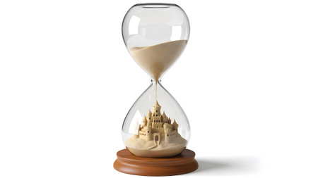 showing hourglass with sand flowing to reveal a detailed sandcastle on a wooden base.