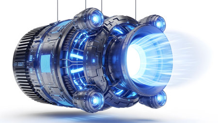 A complex metallic engine with glowing blue lights emits a bright blue exhaust stream on a white...