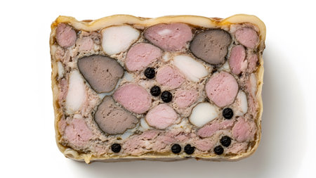 Terrine showing close-up of a terrine slice showing various meats and spices on white...