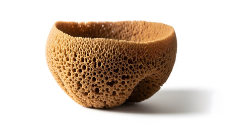 showing natural sea sponge shaped like a bowl with porous texture on white background....