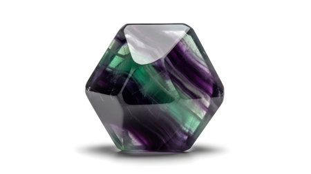 Stock showing geometric faceted fluorite crystal with deep purple and emerald green stripes on...