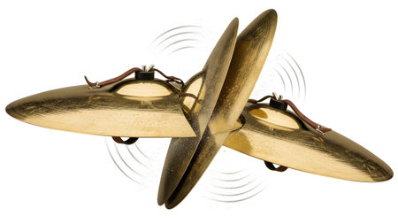 Two golden cymbals are angled towards each other with visible sound waves emanating from them on...