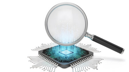 A magnifying glass hovers over a glowing blue circuit board on a computer processor chip against...