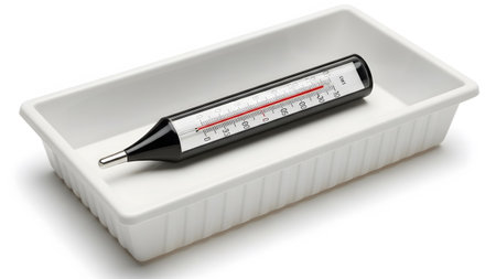 Liquid showing black mercury thermometer with red liquid in a white plastic tray with water....