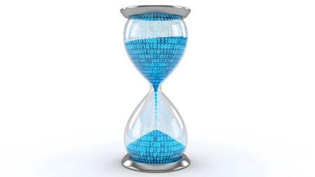 A clear glass hourglass with a silver base and filled with blue binary code numbers flowing on a...