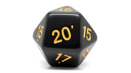 A glossy black twenty-sided die with raised gold numbers the number twenty prominently....