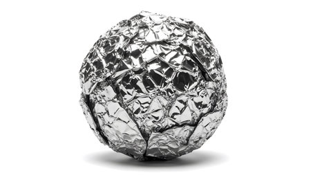 A shiny silver ball made of crumpled foil with sharp creases and reflections, isolated on a...