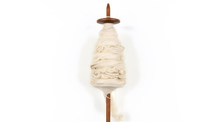 Wool showing wooden drop spindle with a long, tightly wound cone of cream-colored wool fiber....