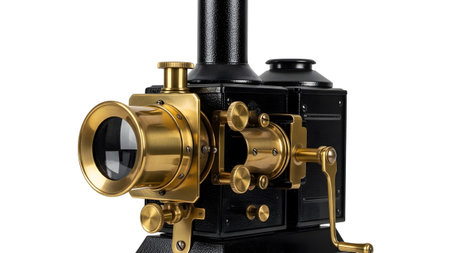 Accents showing antique magic lantern projector with brass accents and black metal casing.
